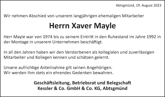 Traueranzeige von Xaver Mayle von Schwäbische Post