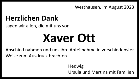 Traueranzeige von Xaver Ott von Schwäbische Post