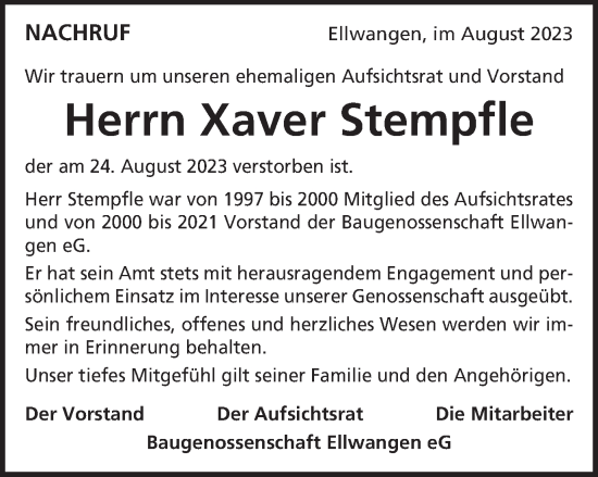 Traueranzeige von Xaver Stempfle