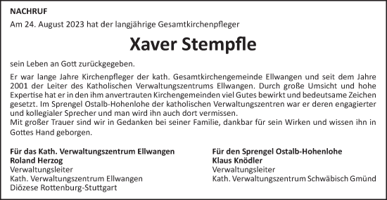 Traueranzeige von Xaver Stempfle von Schwäbische Post