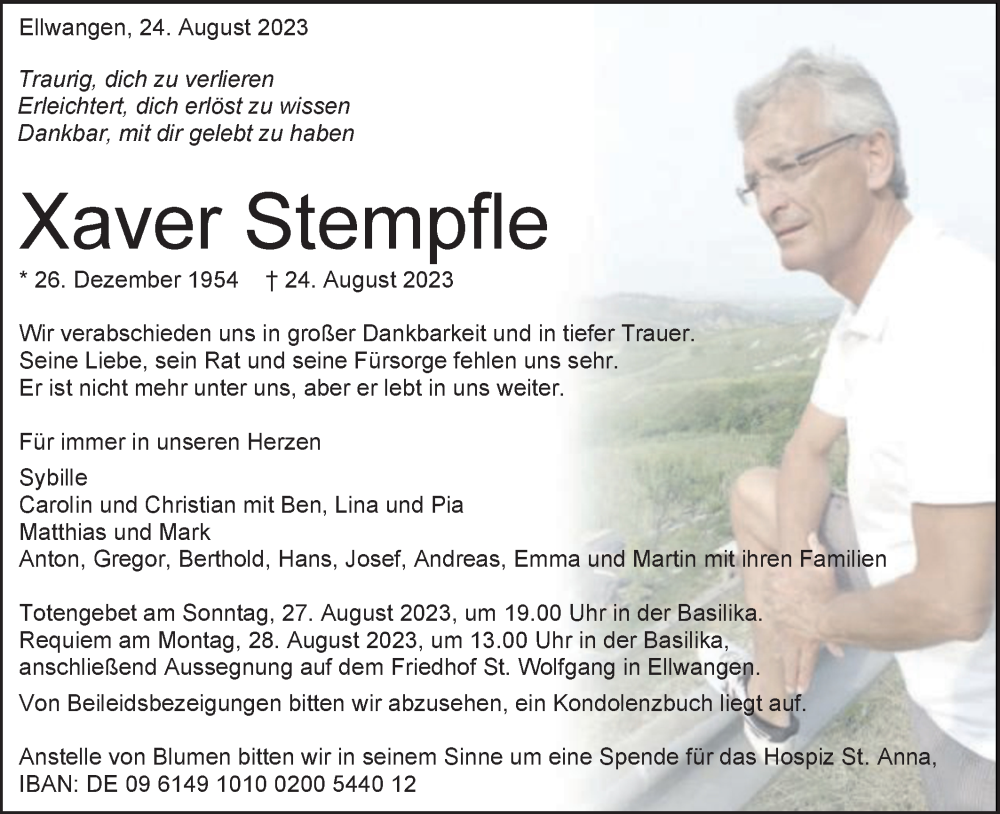  Traueranzeige für Xaver Stempfle vom 26.08.2023 aus Schwäbische Post