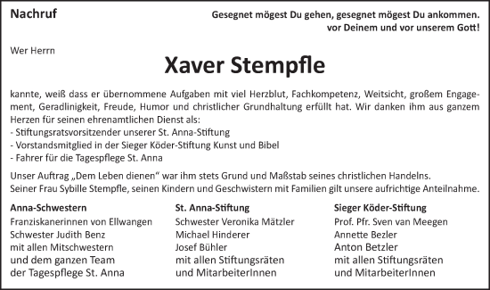 Traueranzeige von Xaver Stempfle