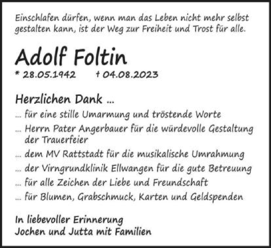 Traueranzeige von Adolf Foits von Schwäbische Post
