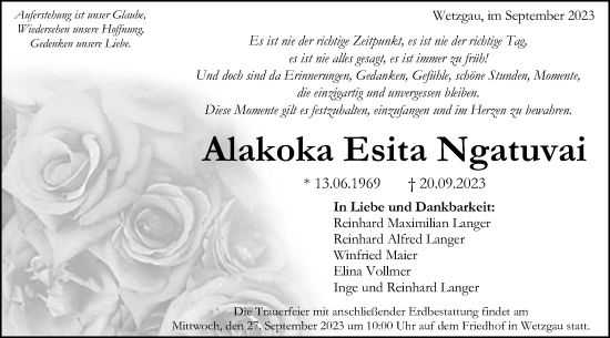 Traueranzeige von Alakoka Esita Ngatuvai von Gmünder Tagespost