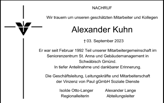 Traueranzeige von Alexander Kuhn von Gmünder Tagespost