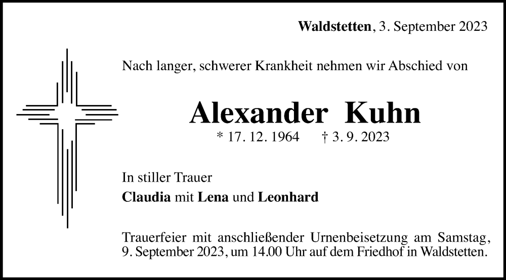  Traueranzeige für Alexander Kuhn vom 06.09.2023 aus Gmünder Tagespost