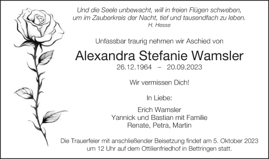 Traueranzeige von Alexandra Stefanie Wamsler von Gmünder Tagespost