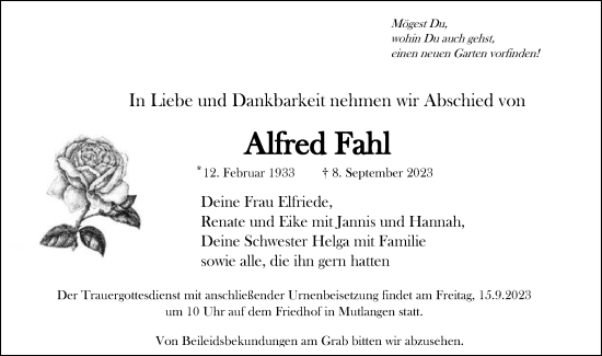 Traueranzeige von Alfred Fahl von Gmünder Tagespost