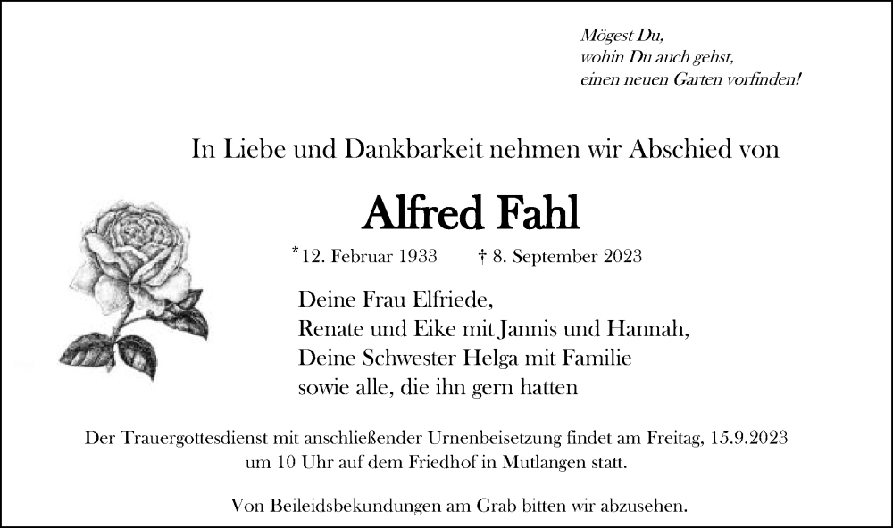  Traueranzeige für Alfred Fahl vom 13.09.2023 aus Gmünder Tagespost