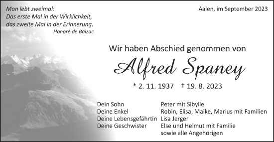 Traueranzeige von Alfred Spaney von Schwäbische Post
