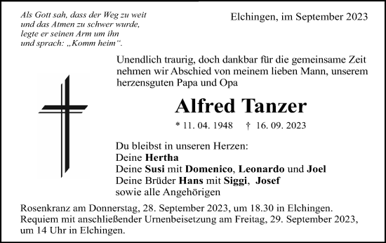 Traueranzeige von Alfred Tanzer von Schwäbische Post