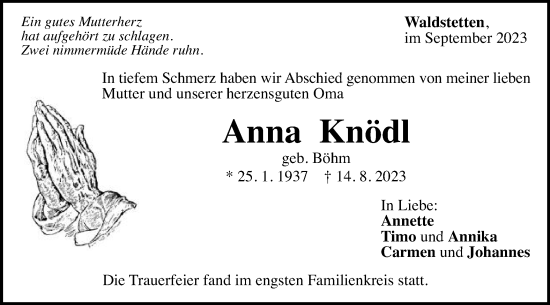 Traueranzeige von Anna Knödl von Gmünder Tagespost