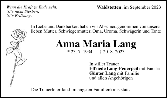 Traueranzeige von Anna Maria Lang von Gmünder Tagespost