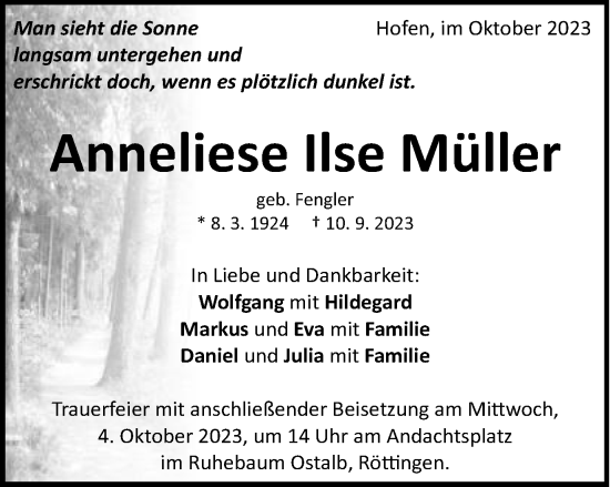 Traueranzeige von Anneliese Ilse Müller von Schwäbische Post