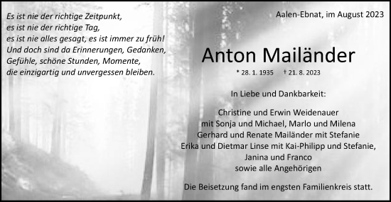 Traueranzeige von Anton Mailänder von Schwäbische Post