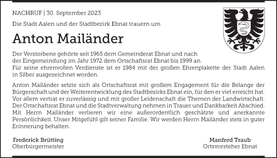 Traueranzeige von Anton Mailänder von Schwäbische Post