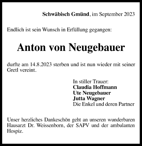 Traueranzeige von Anton von Neugebauer von Gmünder Tagespost
