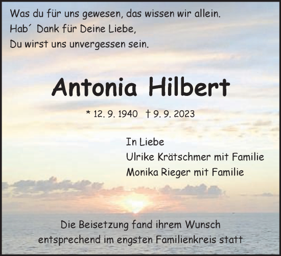 Traueranzeige von Antonia Hilbert von Gmünder Tagespost