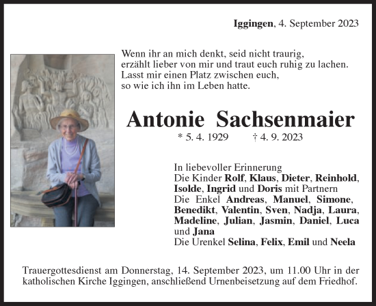 Traueranzeige von Antonie Sachsenmaier von Gmünder Tagespost