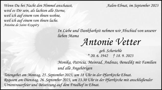 Traueranzeige von Antonie Vetter von Schwäbische Post