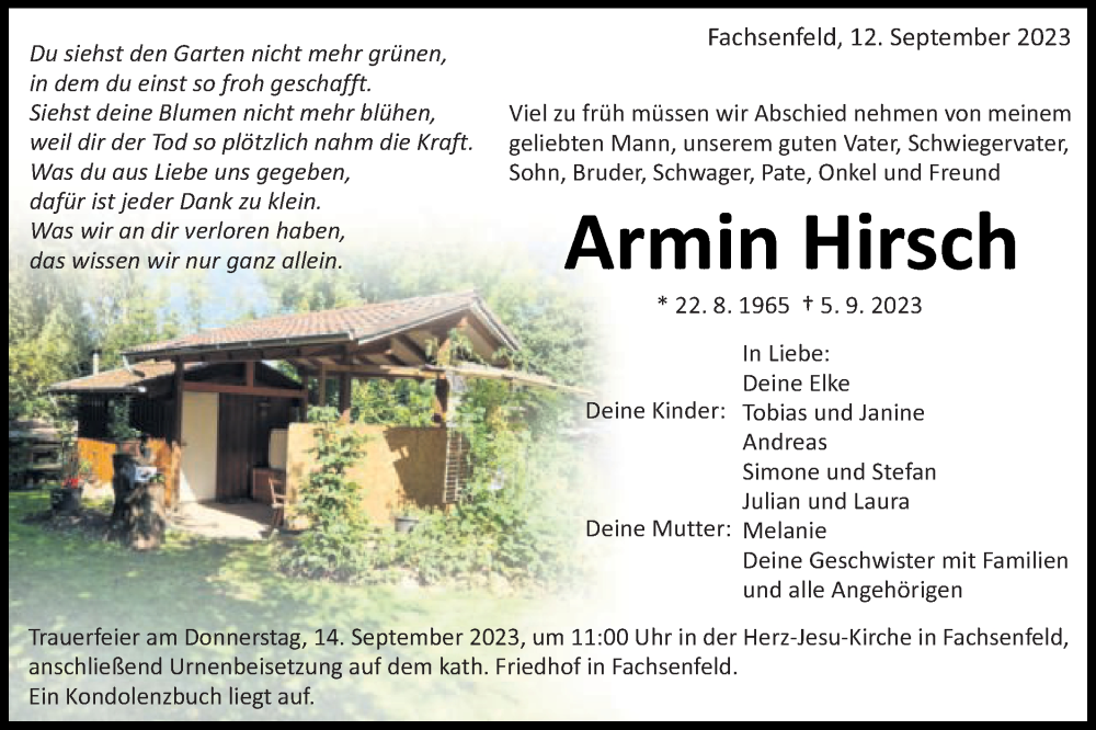  Traueranzeige für Armin Hirsch vom 12.09.2023 aus Schwäbische Post