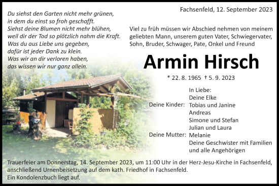 Traueranzeige von Armin Hirsch von Schwäbische Post