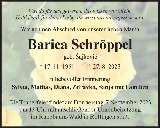 Traueranzeige von Barica Schröppel von Schwäbische Post