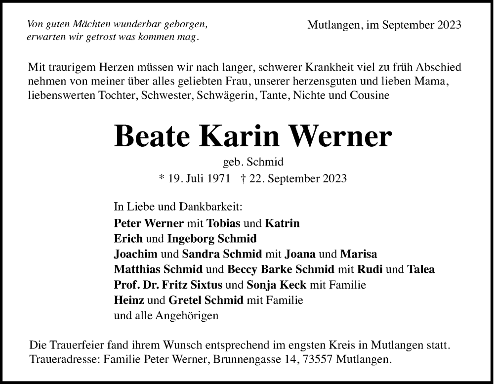  Traueranzeige für Beate Karin Werner vom 30.09.2023 aus Schwäbische Post