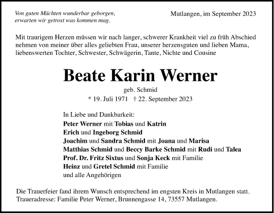 Traueranzeige von Beate Karin Werner von Schwäbische Post