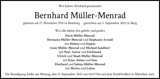 Traueranzeige von Bernhard Müller-Menrad von Gmünder Tagespost