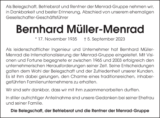 Traueranzeige von Bernhard Müller-Menrad von Gmünder Tagespost
