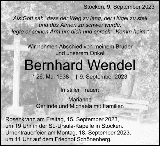 Traueranzeige von Bernhard Wendel von Schwäbische Post