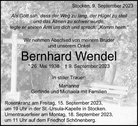 Traueranzeige von Bernhard Wendel