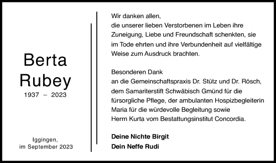 Traueranzeige von Berta Rubey von Gmünder Tagespost