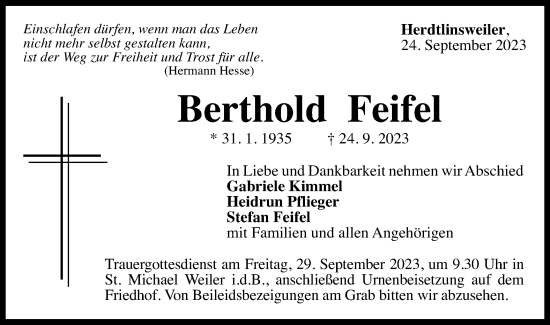 Traueranzeige von Berthold Feifel von Gmünder Tagespost