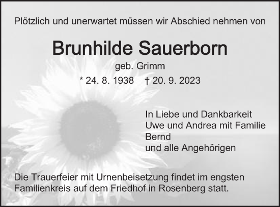 Traueranzeige von Brunhilde Sauerborn von Schwäbische Post