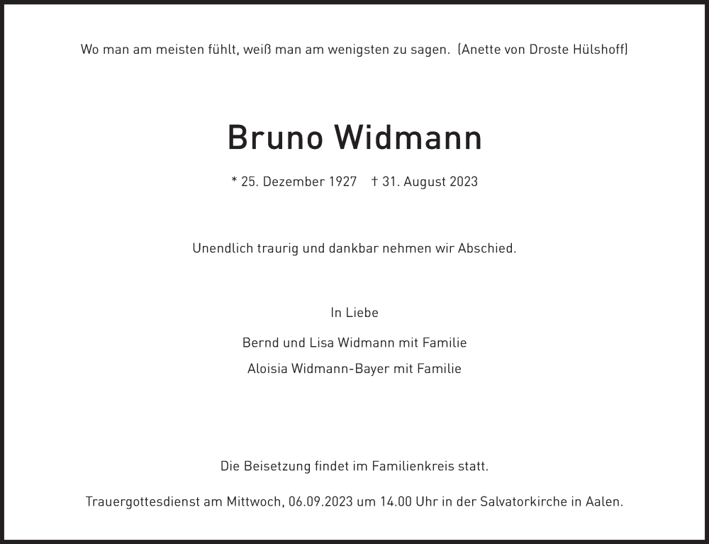  Traueranzeige für Bruno Widmann vom 04.09.2023 aus Schwäbische Post