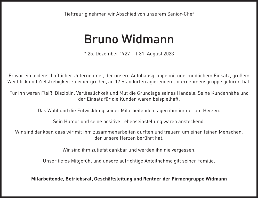  Traueranzeige für Bruno Widmann vom 04.09.2023 aus Schwäbische Post