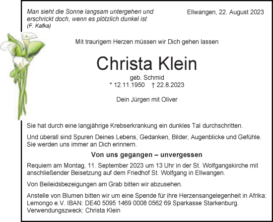 Traueranzeige von Christa Klein