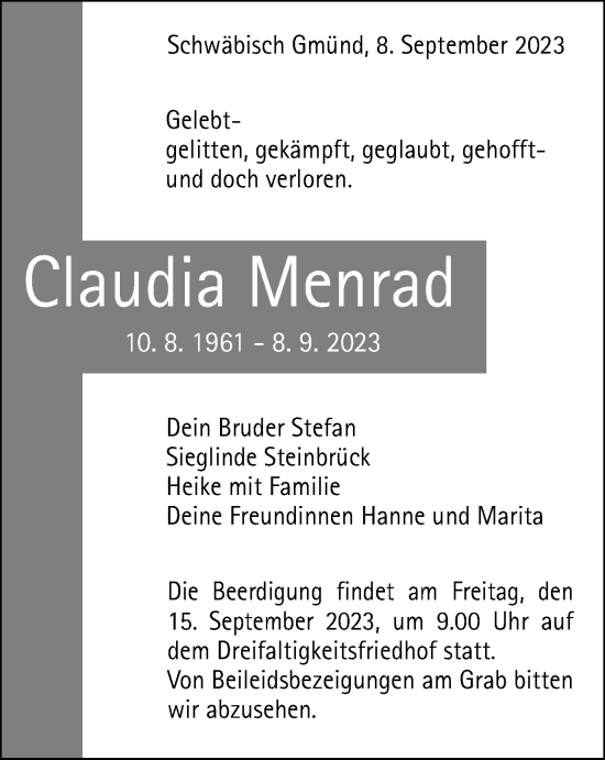Traueranzeige von Claudia Menrad von Gmünder Tagespost