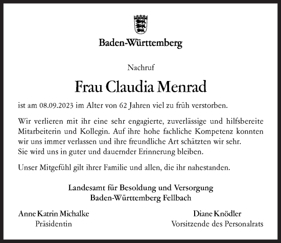 Traueranzeige von Claudia Menrad von Gmünder Tagespost