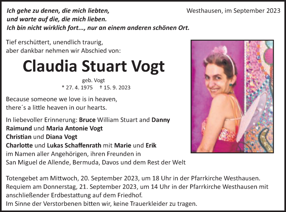  Traueranzeige für Claudia Stuart Vogt vom 19.09.2023 aus Schwäbische Post