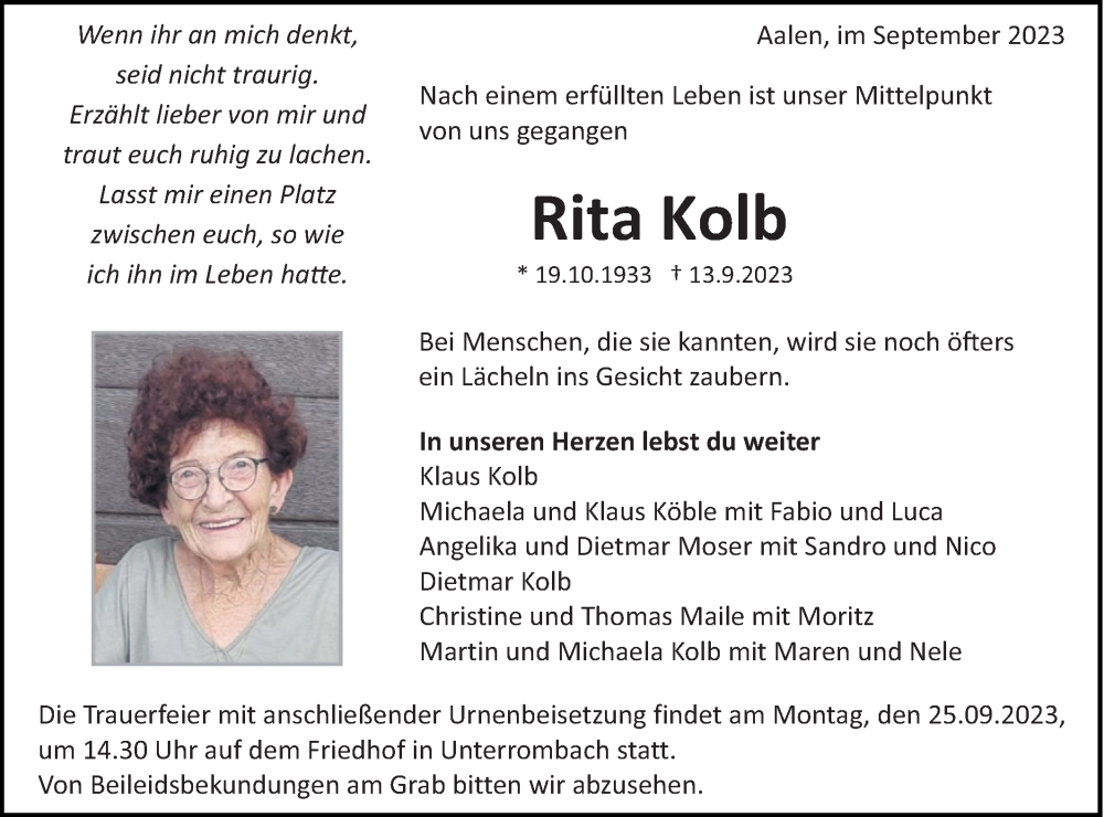  Traueranzeige für Rita Kolb vom 20.09.2023 aus Schwäbische Post
