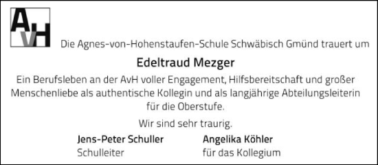 Traueranzeige von Edeltraud Mezger von Gmünder Tagespost