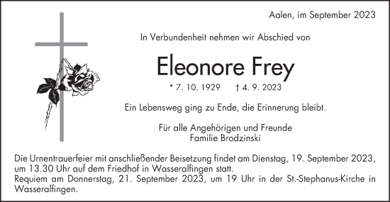 Traueranzeige von Eleonore Frey von Schwäbische Post