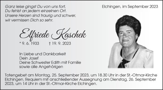 Traueranzeige von Elfriede Kaschek von Schwäbische Post