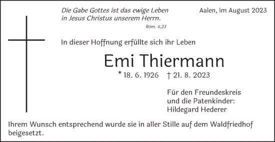 Traueranzeige von Emi Thiermann von Schwäbische Post