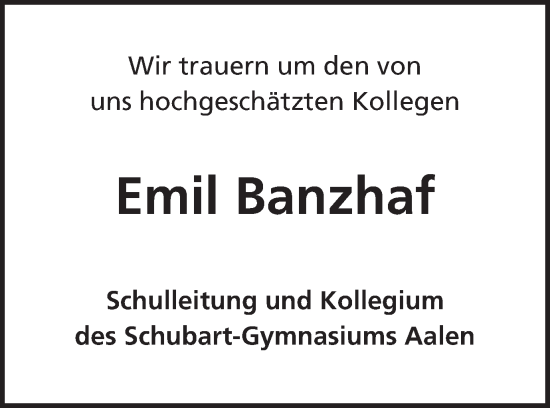 Traueranzeige von Emil Banzhaf von Schwäbische Post