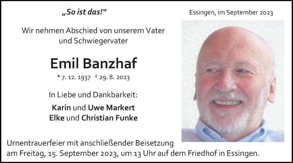  Traueranzeige für Emil Banzhaf vom 09.09.2023 aus Schwäbische Post