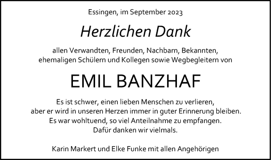 Traueranzeige von Emil Banzhaf von Schwäbische Post